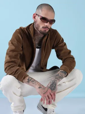 Men Mock Collar Brown Checked Sporty Jacket