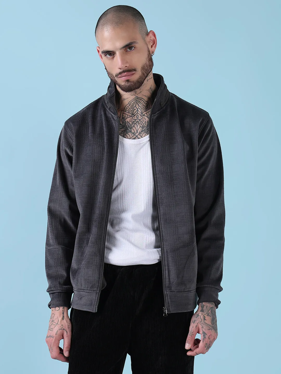 Men Mock Collar Grey Checked Sporty Jacket
