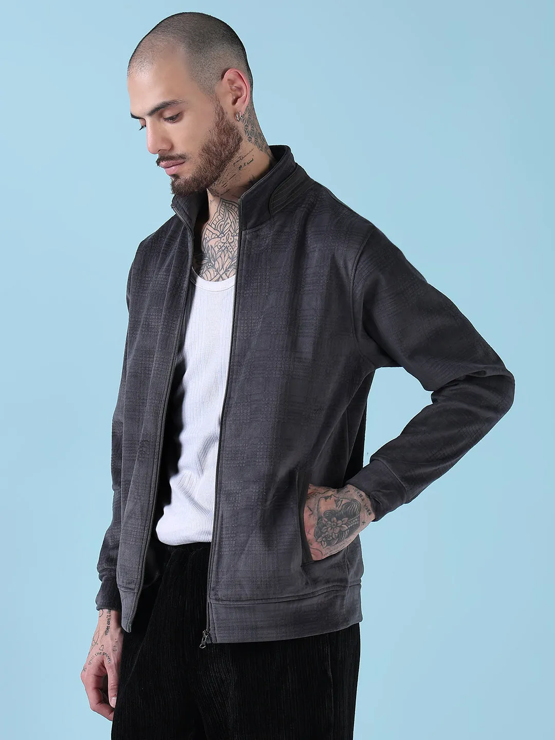 Men Mock Collar Grey Checked Sporty Jacket