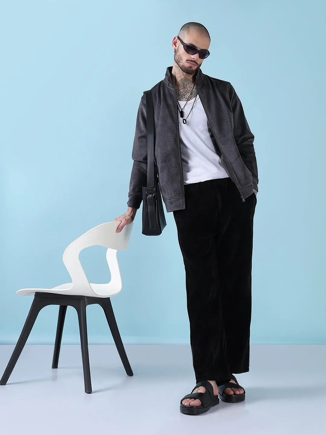 Men Mock Collar Grey Checked Sporty Jacket