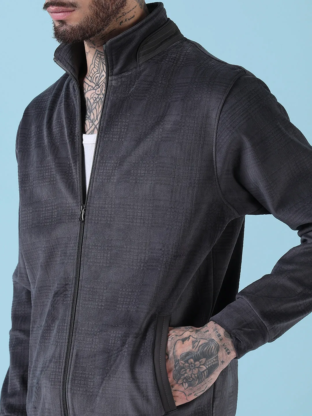 Men Mock Collar Grey Checked Sporty Jacket