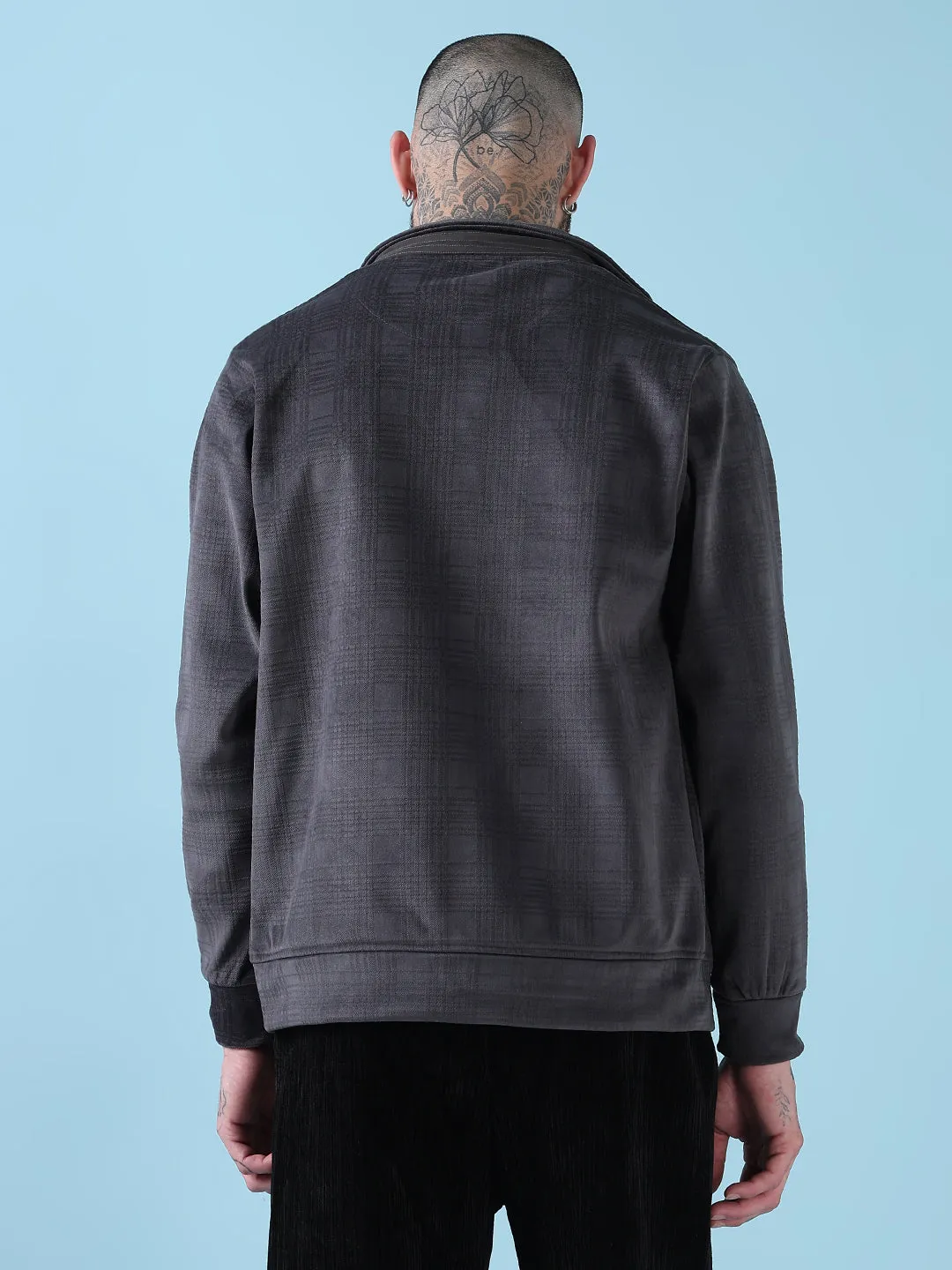 Men Mock Collar Grey Checked Sporty Jacket