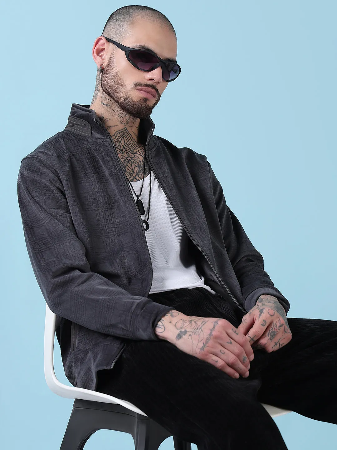 Men Mock Collar Grey Checked Sporty Jacket