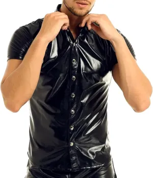Men Shiny Leather T-Shirt, Plus Size, Soft Matte, Short Sleeve, Sexy Polo Shirt for Male