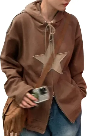 Newbgclo Women Zip Up Hoodies Y2k Vintage Stars Graphic Oversized Long Sleeve Sweatshirt E-Girl Aesthetic Jacket Streetwear