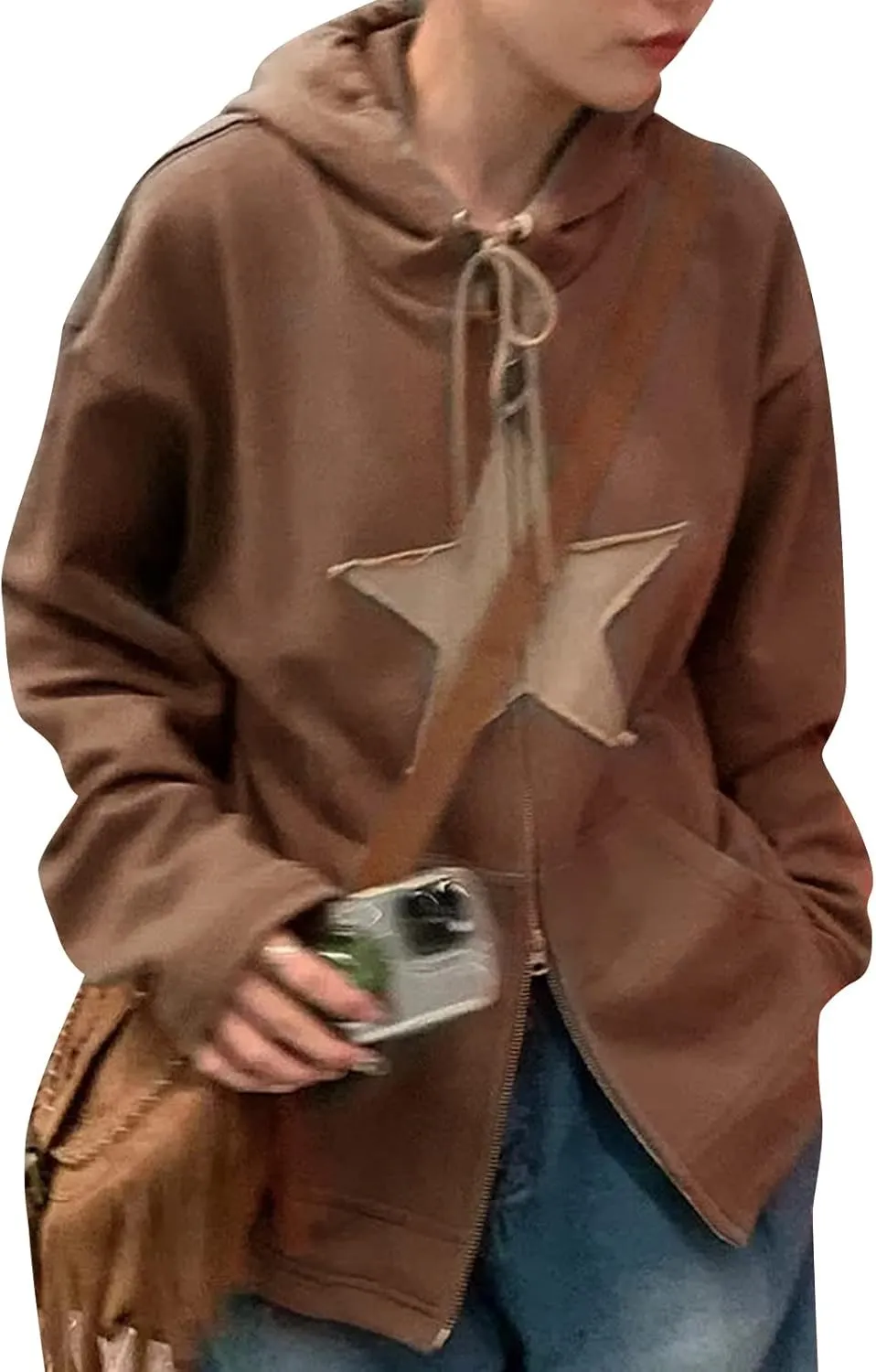 Newbgclo Women Zip Up Hoodies Y2k Vintage Stars Graphic Oversized Long Sleeve Sweatshirt E-Girl Aesthetic Jacket Streetwear