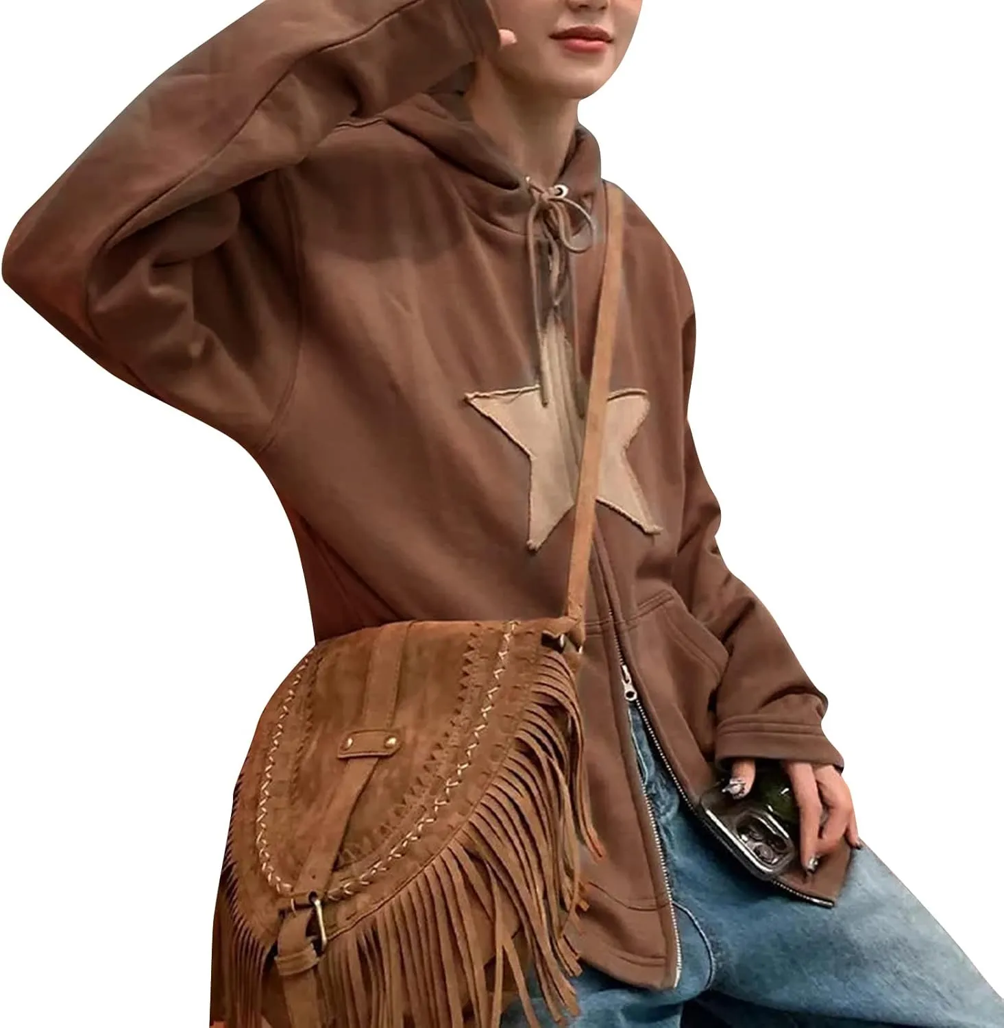 Newbgclo Women Zip Up Hoodies Y2k Vintage Stars Graphic Oversized Long Sleeve Sweatshirt E-Girl Aesthetic Jacket Streetwear