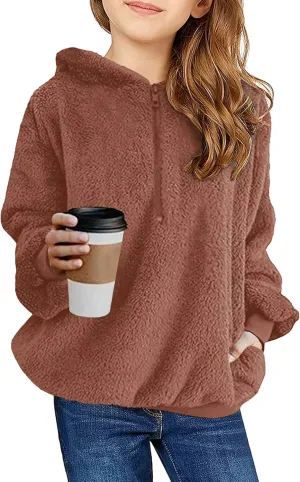 Ofenbuy Kids Girl's Fuzzy Hoodies Zipper Warm Loose Sherpa Hooded Sweatshirt Pullover With Pockets