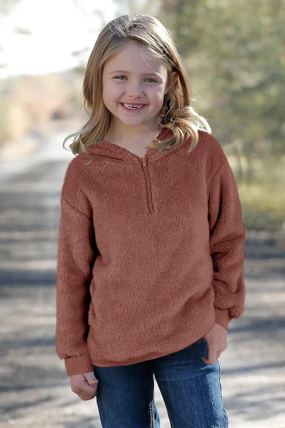 Ofenbuy Kids Girl's Fuzzy Hoodies Zipper Warm Loose Sherpa Hooded Sweatshirt Pullover With Pockets