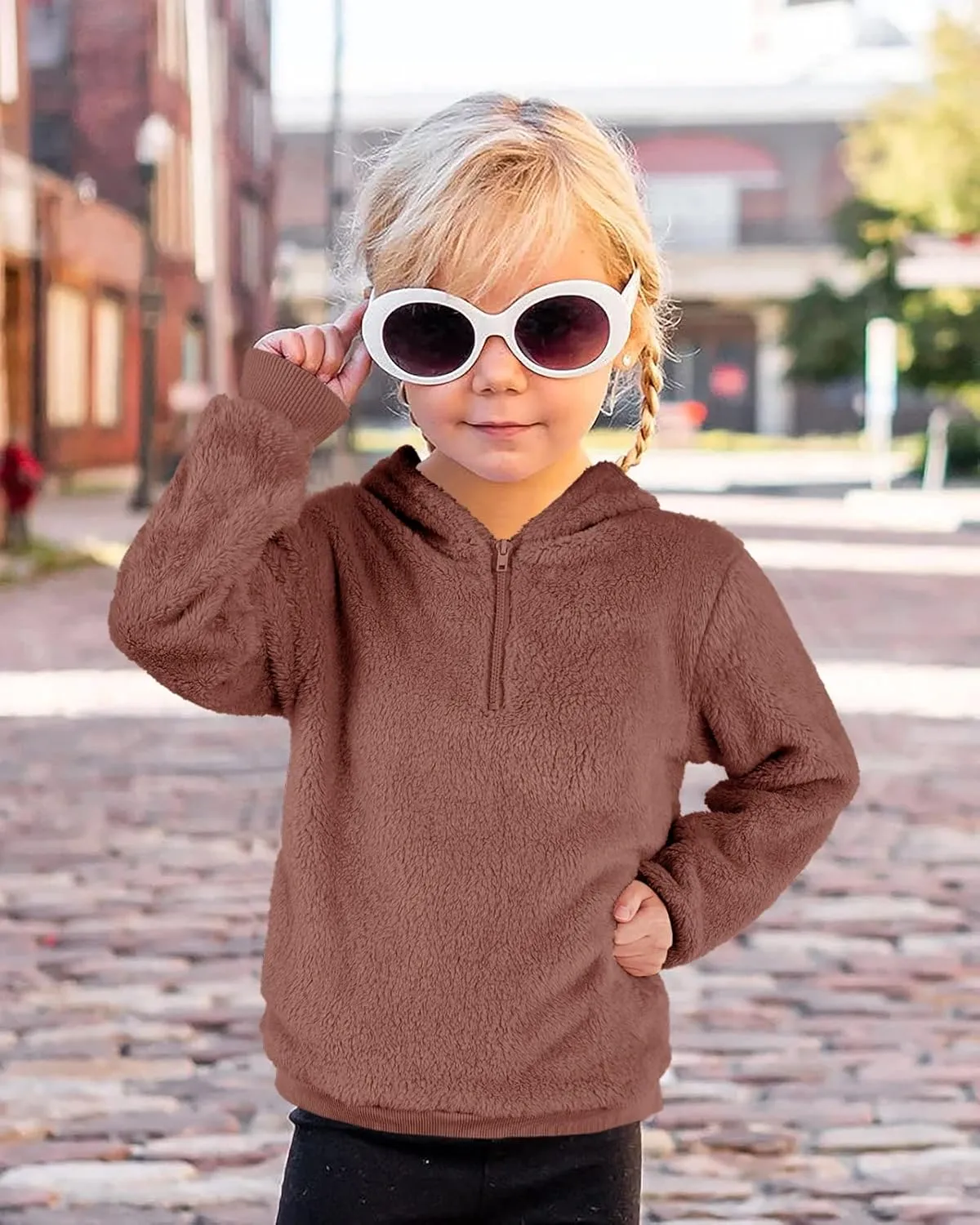 Ofenbuy Kids Girl's Fuzzy Hoodies Zipper Warm Loose Sherpa Hooded Sweatshirt Pullover With Pockets