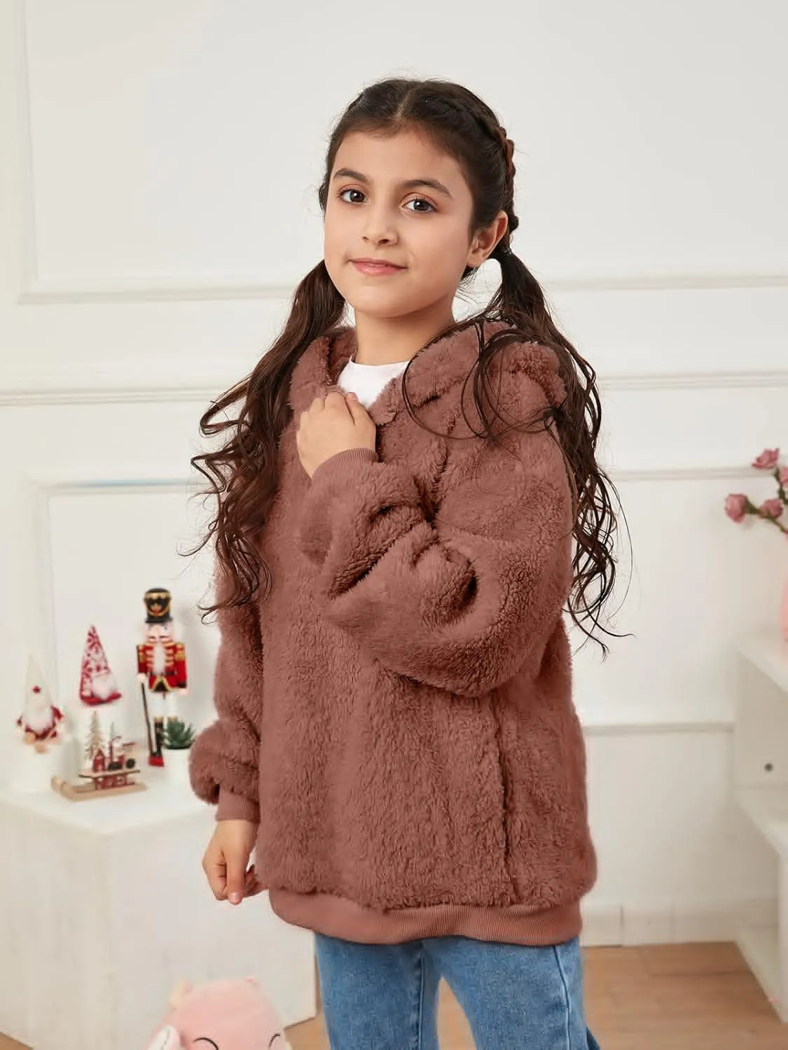 Ofenbuy Kids Girl's Fuzzy Hoodies Zipper Warm Loose Sherpa Hooded Sweatshirt Pullover With Pockets