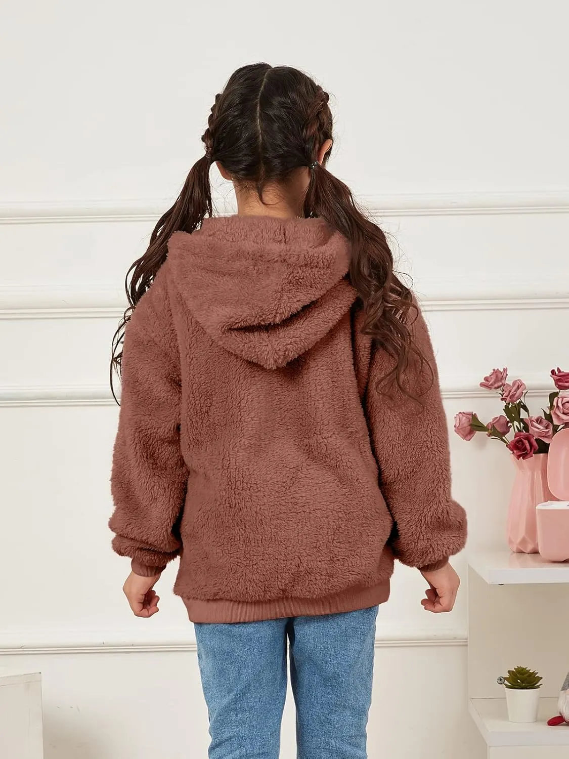 Ofenbuy Kids Girl's Fuzzy Hoodies Zipper Warm Loose Sherpa Hooded Sweatshirt Pullover With Pockets