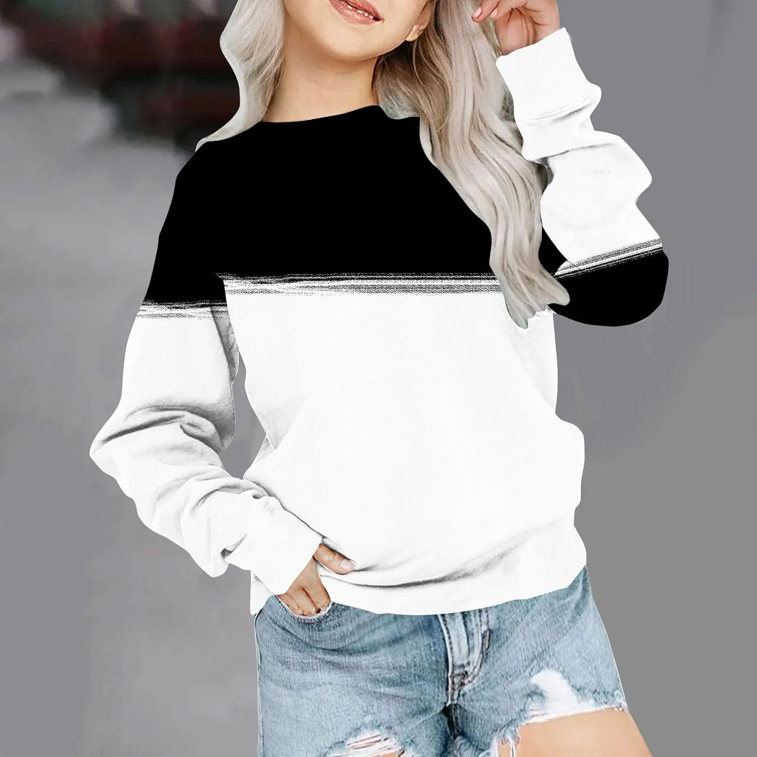 Oversized Crewneck Sweatshirts For Girls Boys Long Sleeve Color Block Pullover Tops Fleece Preppy Clothes 1-12 Years