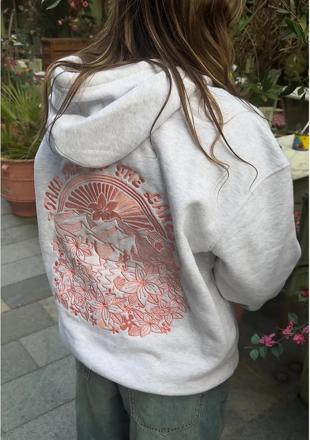 Preppy Embroidered Flower Hoodies for Teen Girl Women Y2K Back Graphic Printed Oversized Pullover Hooded Sweatshirts