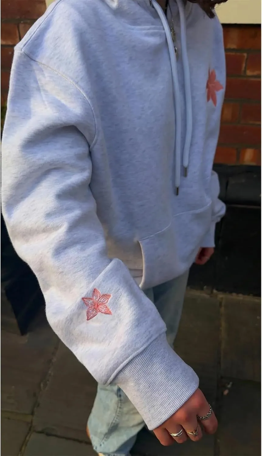 Preppy Embroidered Flower Hoodies for Teen Girl Women Y2K Back Graphic Printed Oversized Pullover Hooded Sweatshirts