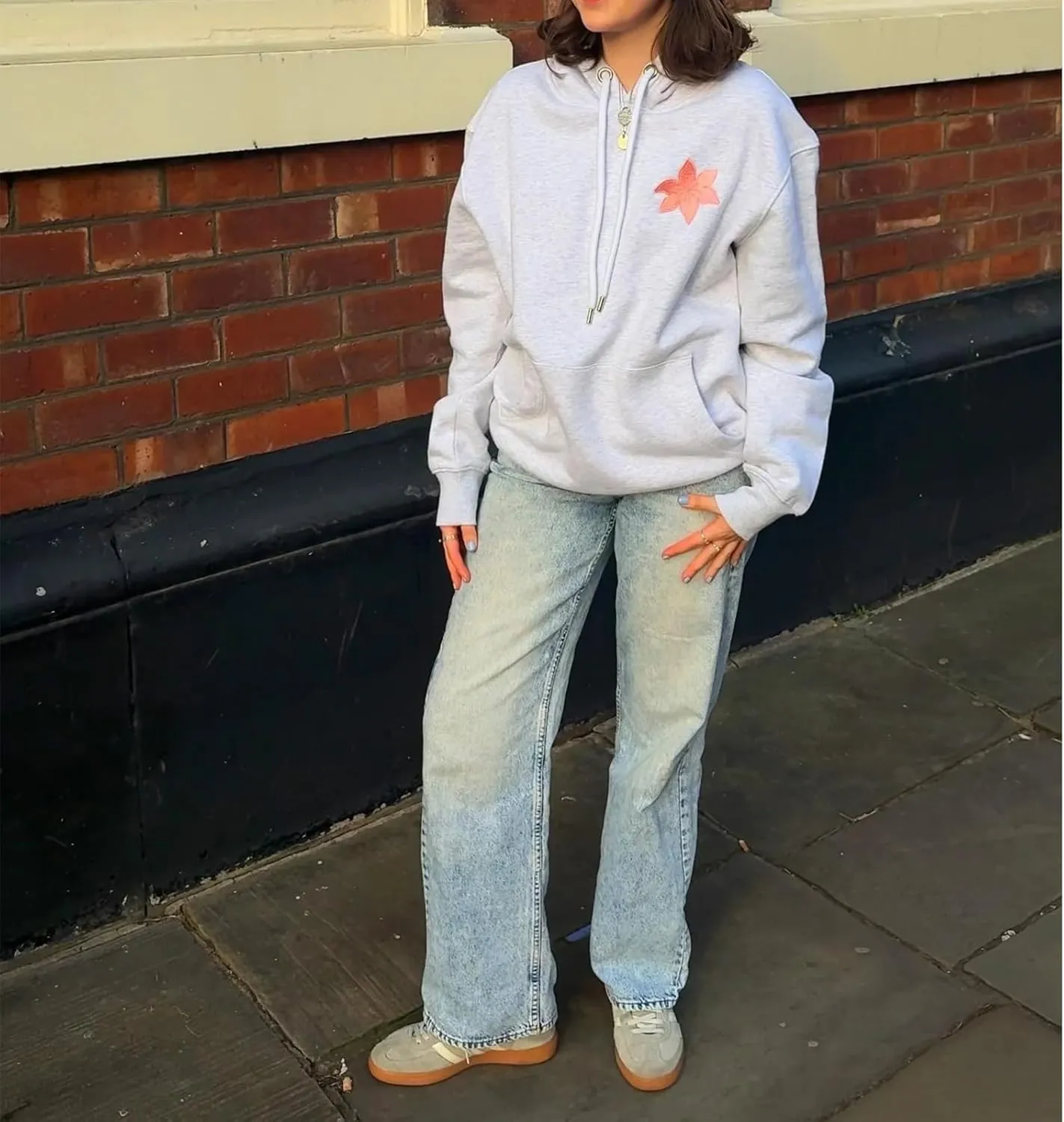 Preppy Embroidered Flower Hoodies for Teen Girl Women Y2K Back Graphic Printed Oversized Pullover Hooded Sweatshirts