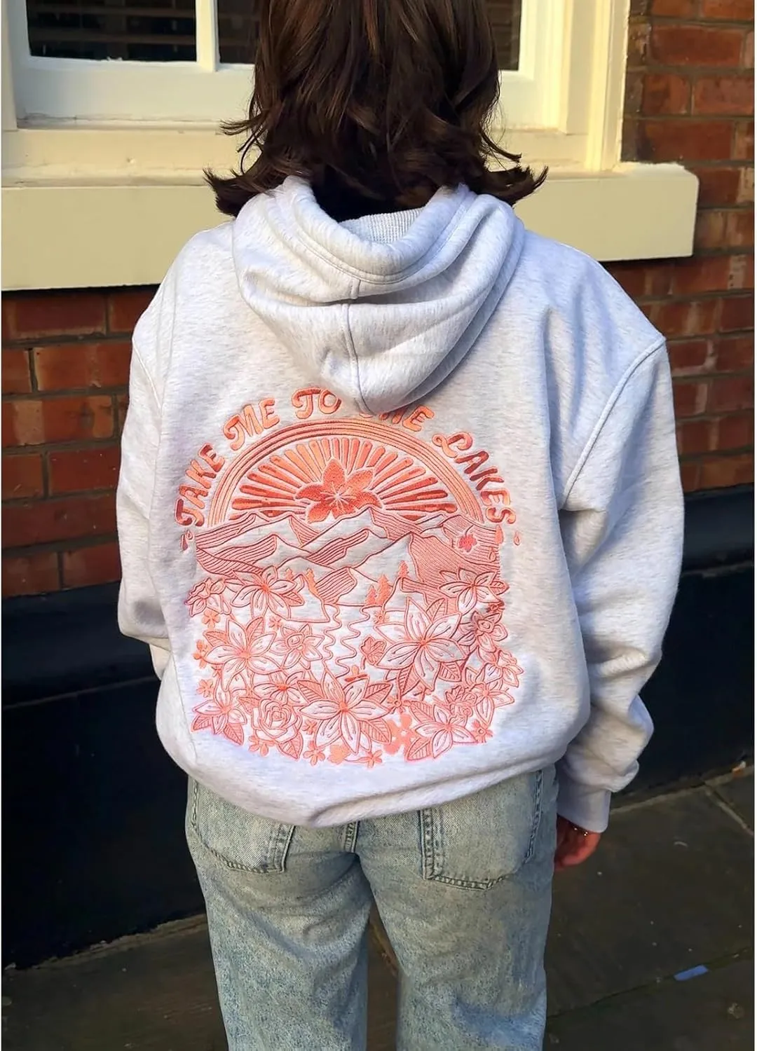 Preppy Embroidered Flower Hoodies for Teen Girl Women Y2K Back Graphic Printed Oversized Pullover Hooded Sweatshirts