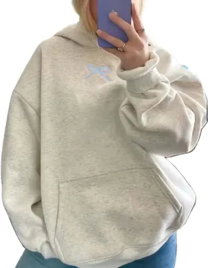 Preppy Embroidery Butterfly Letter Hoodies for Teen Girls Cute Y2k Oversized Graphic Pullover Sweatshirt Top