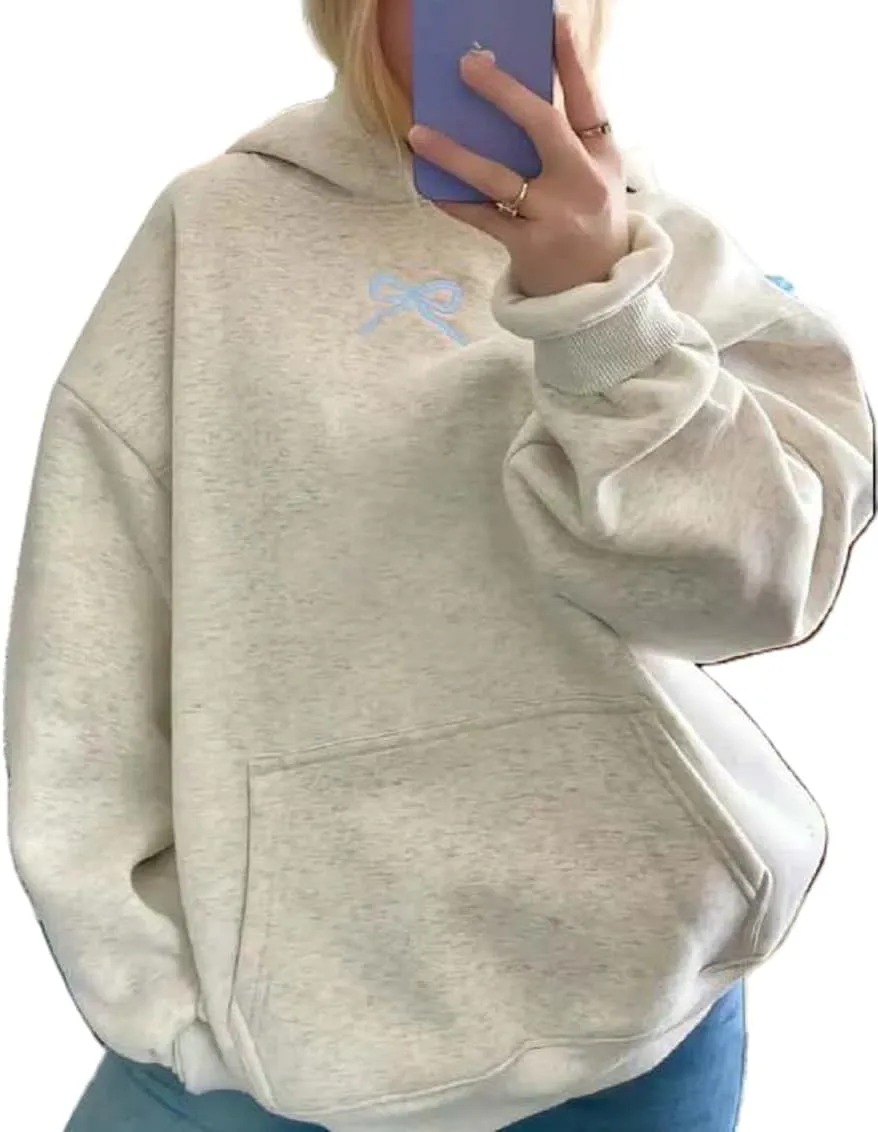 Preppy Embroidery Butterfly Letter Hoodies for Teen Girls Cute Y2k Oversized Graphic Pullover Sweatshirt Top
