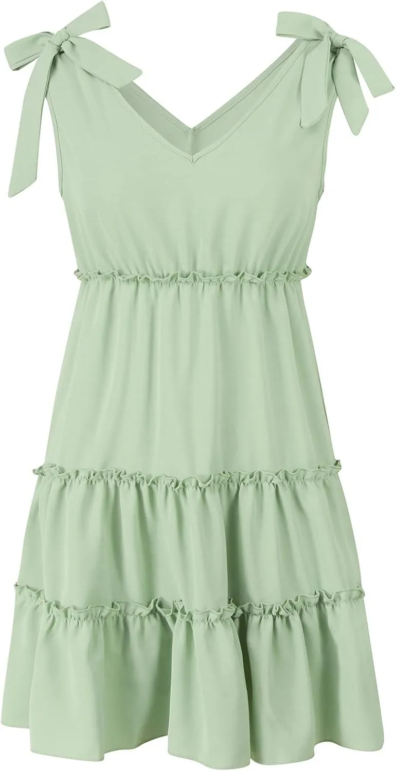 PTOLOCIF Women's Summer Casual V Neck Sleeveless Mini Dress Tie Shoulder Width Layered Ruffles Dress for Beach