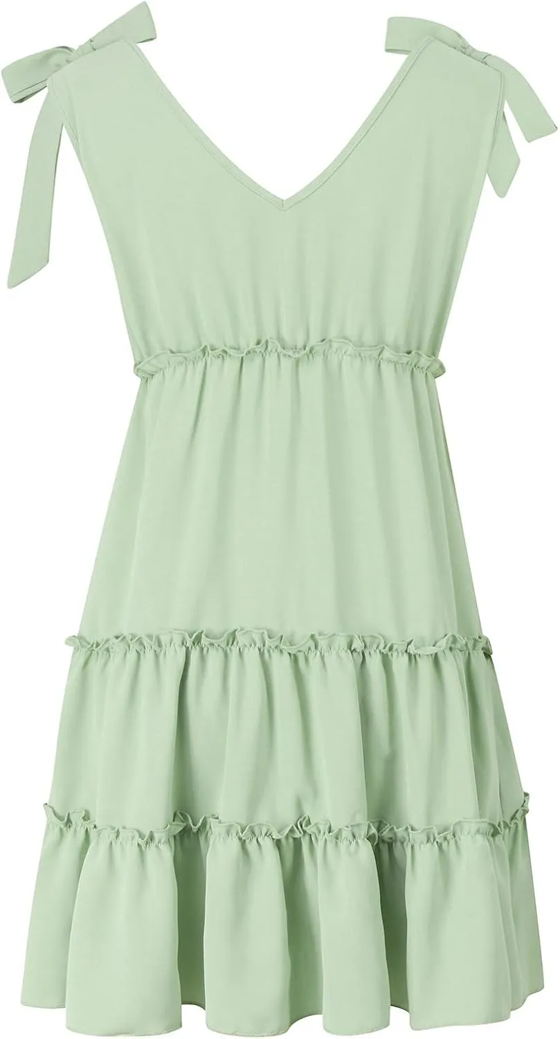 PTOLOCIF Women's Summer Casual V Neck Sleeveless Mini Dress Tie Shoulder Width Layered Ruffles Dress for Beach