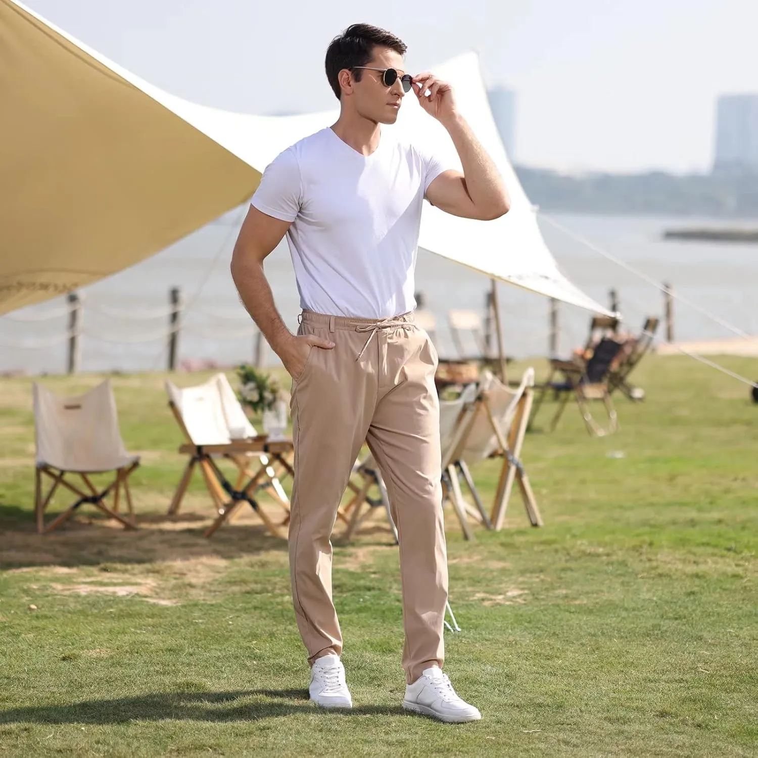 Rela Bota Mens Jogger Pants Loose Bussiness Pants Soft Stretch Chino Pant Drawstring Elastic Waist