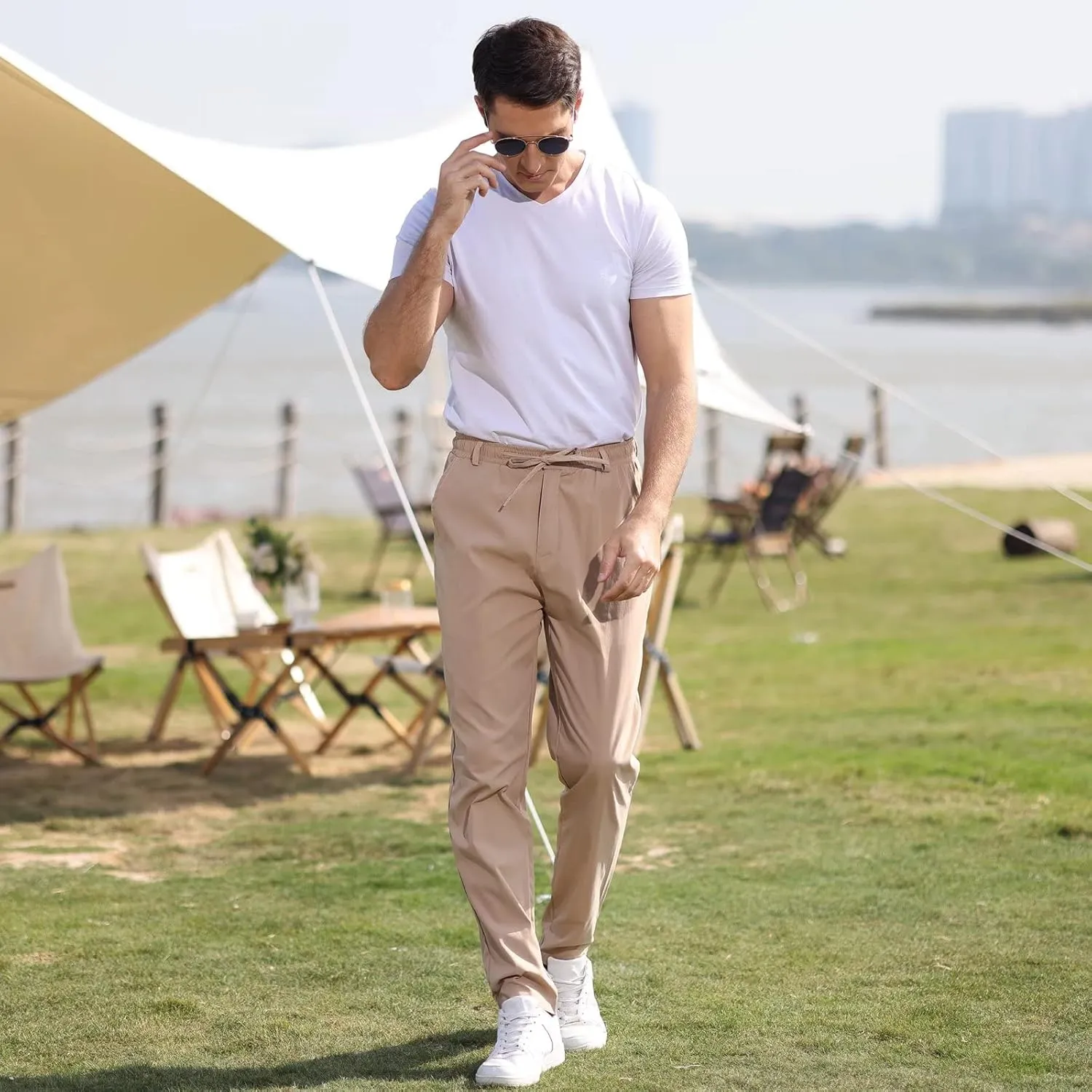 Rela Bota Mens Jogger Pants Loose Bussiness Pants Soft Stretch Chino Pant Drawstring Elastic Waist