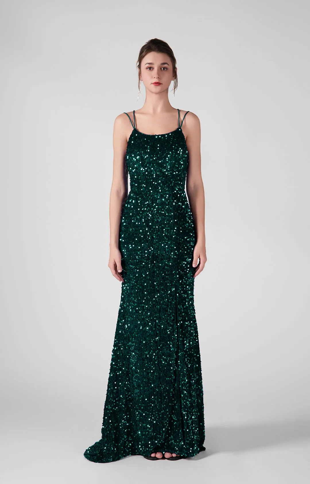 Sparkling Sequin Bodice High Slit Cross Straps Dresses