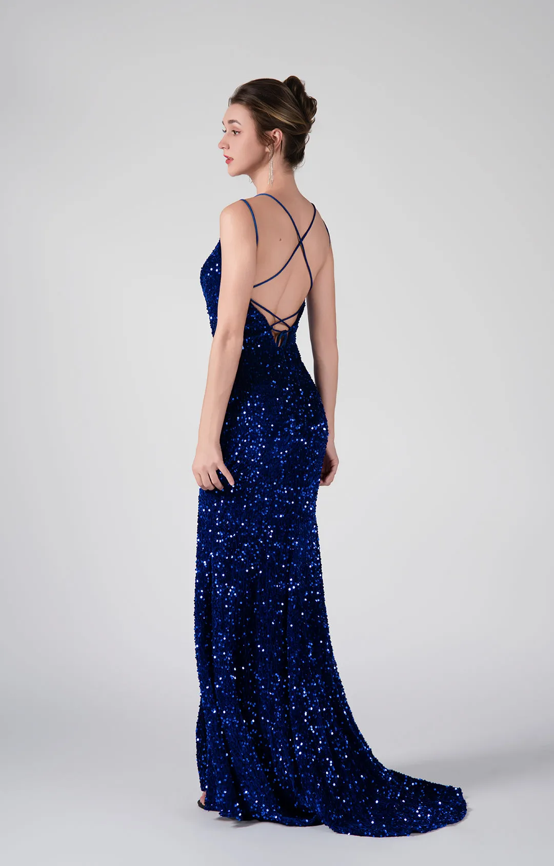 Sparkling Sequin Bodice High Slit Cross Straps Dresses