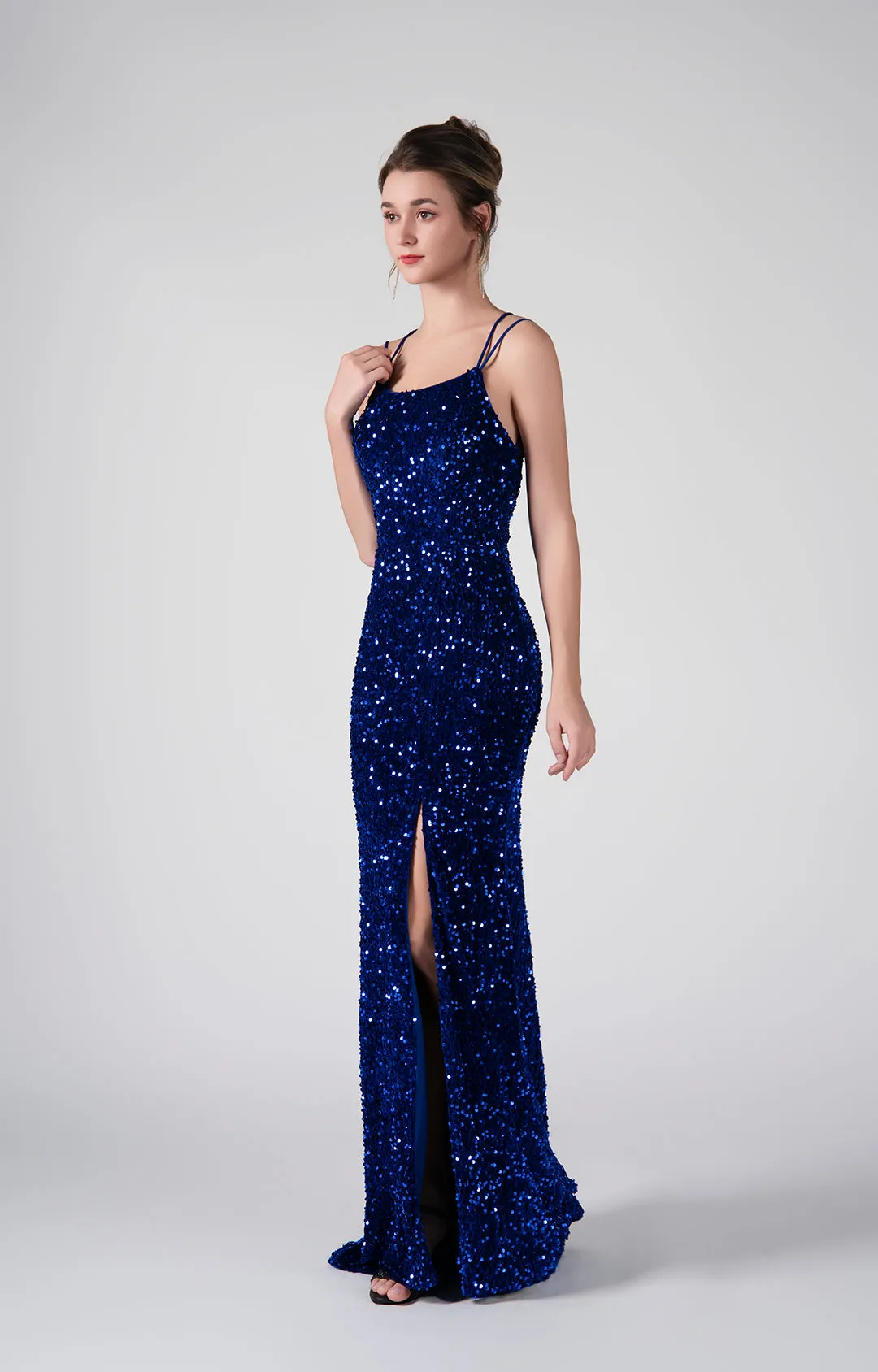 Sparkling Sequin Bodice High Slit Cross Straps Dresses