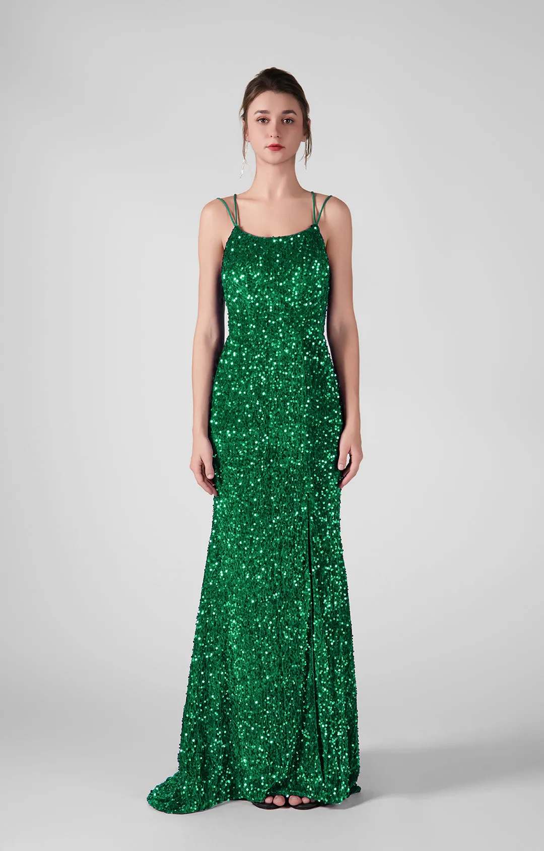 Sparkling Sequin Bodice High Slit Cross Straps Dresses