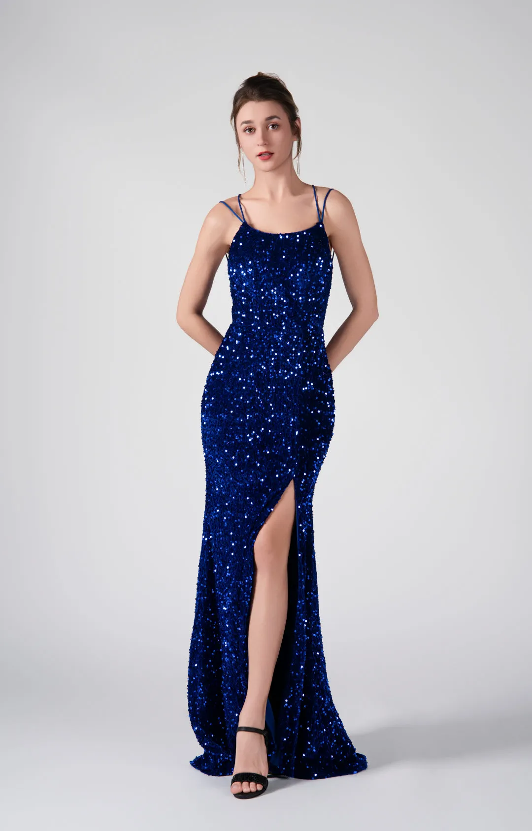 Sparkling Sequin Bodice High Slit Cross Straps Dresses