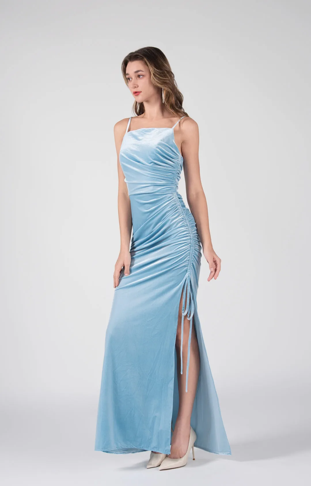 Square-Neck Side Pleated And Slit Dresses