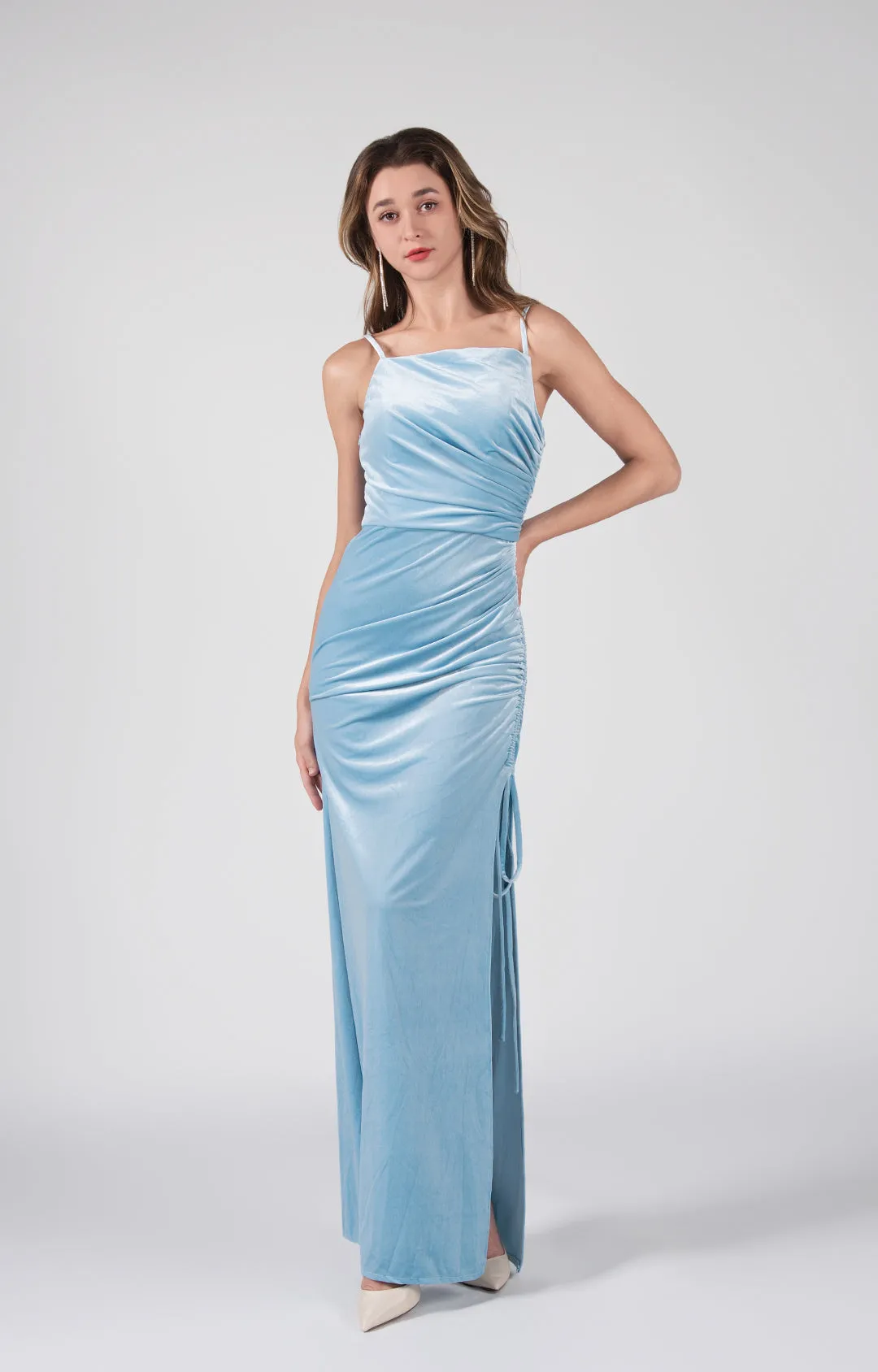 Square-Neck Side Pleated And Slit Dresses