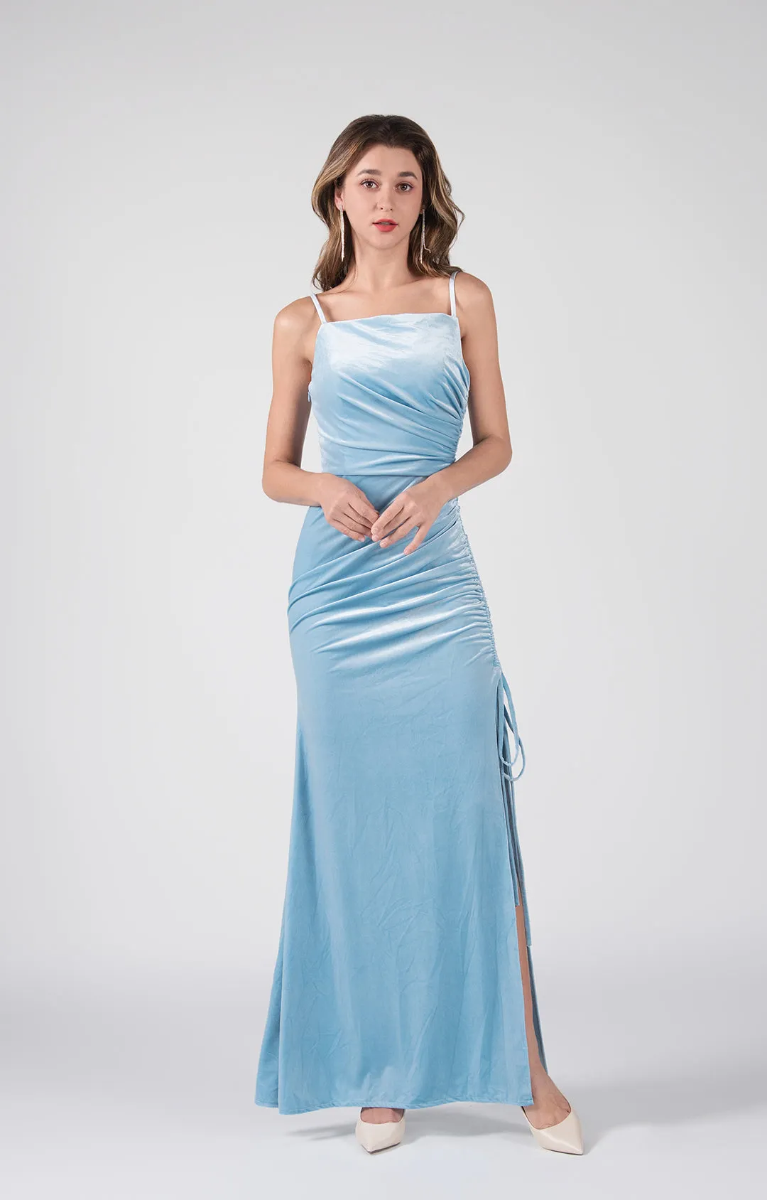 Square-Neck Side Pleated And Slit Dresses