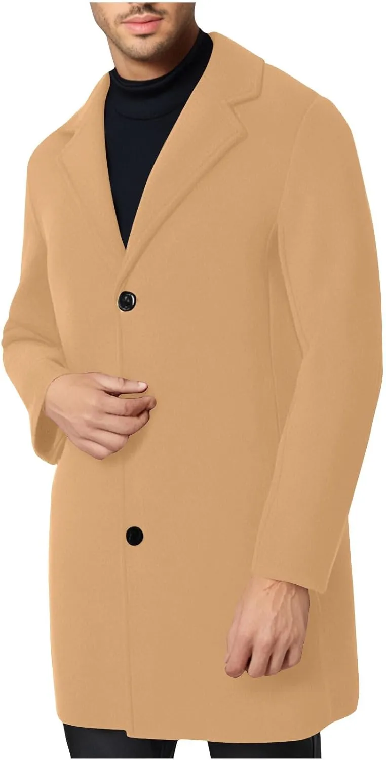 Trench Coat Men Single Breasted Wool Blend Coat Mid Length Pea Coat Notch Lapel Jacket Business Casual Overcoat