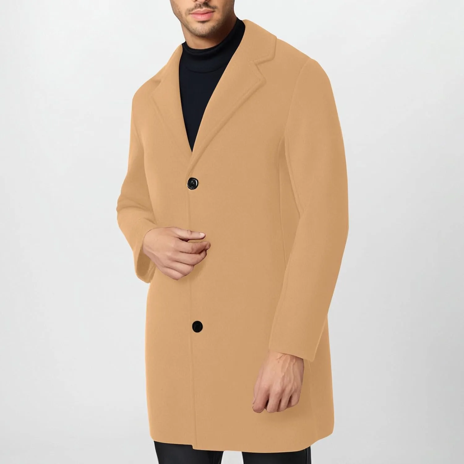 Trench Coat Men Single Breasted Wool Blend Coat Mid Length Pea Coat Notch Lapel Jacket Business Casual Overcoat