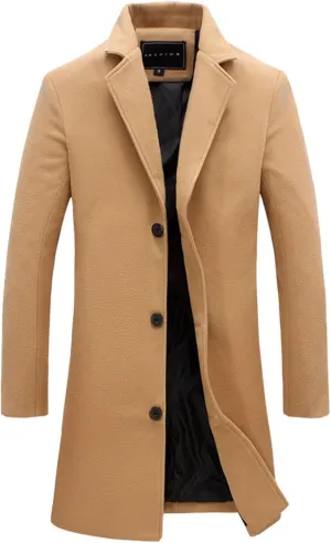 Trench Coat Men Single Breasted Wool Blend Coat Mid Length Pea Coat Notch Lapel Jacket Business Casual Overcoat