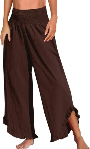 Wide Leg Pants for Women Linen Summer Elastic Waist Palazzo Pants High Waisted with Pockets Cropped Solid Trousers