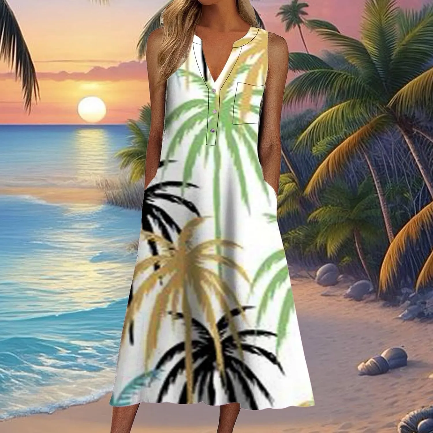 Women Casual Loose Long Dress Sleeveless Split Maxi Dresses Summer Beach Dress with Pockets Elastic Waist
