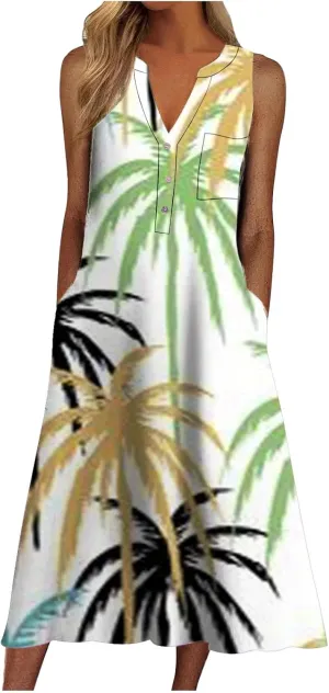 Women Casual Loose Long Dress Sleeveless Split Maxi Dresses Summer Beach Dress with Pockets Elastic Waist