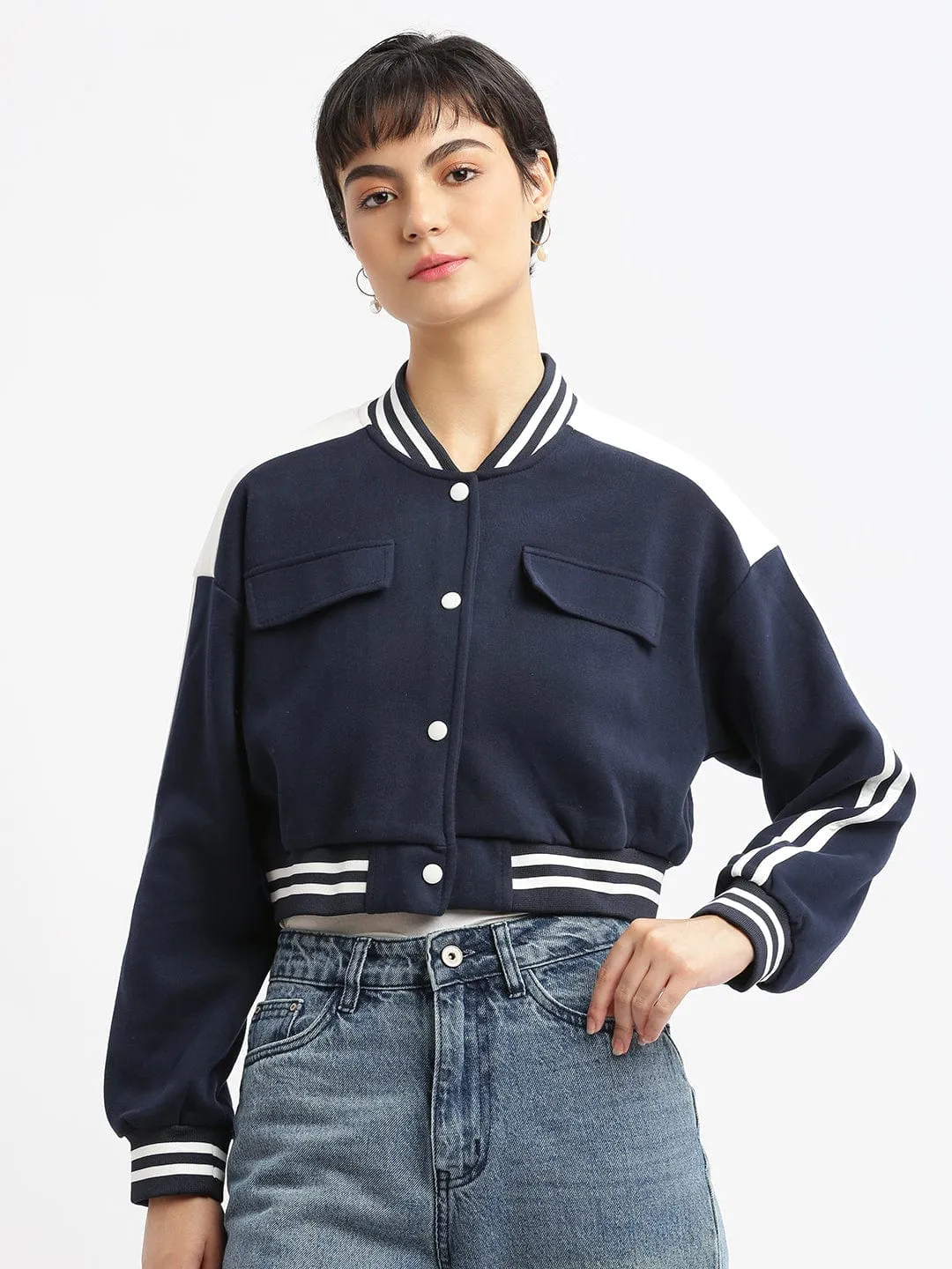 Women Navy Blue Striped Windcheater Crop Quilted Jacket