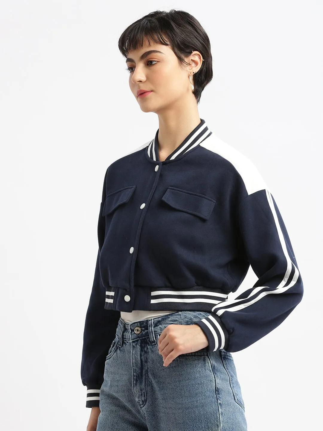 Women Navy Blue Striped Windcheater Crop Quilted Jacket