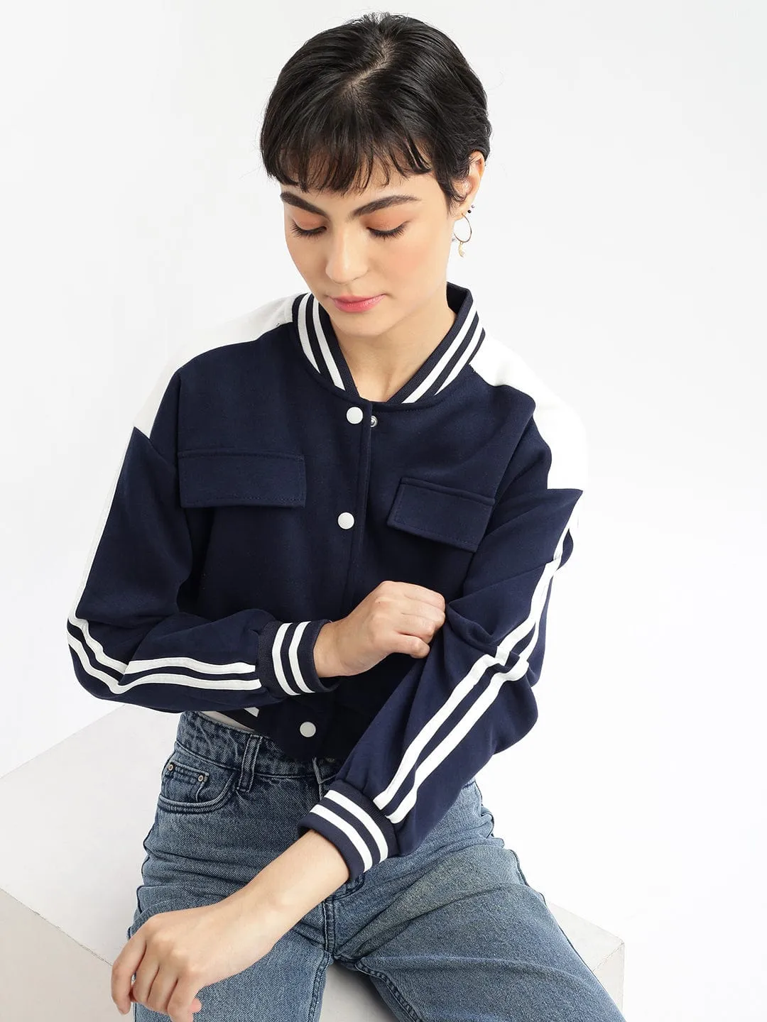 Women Navy Blue Striped Windcheater Crop Quilted Jacket