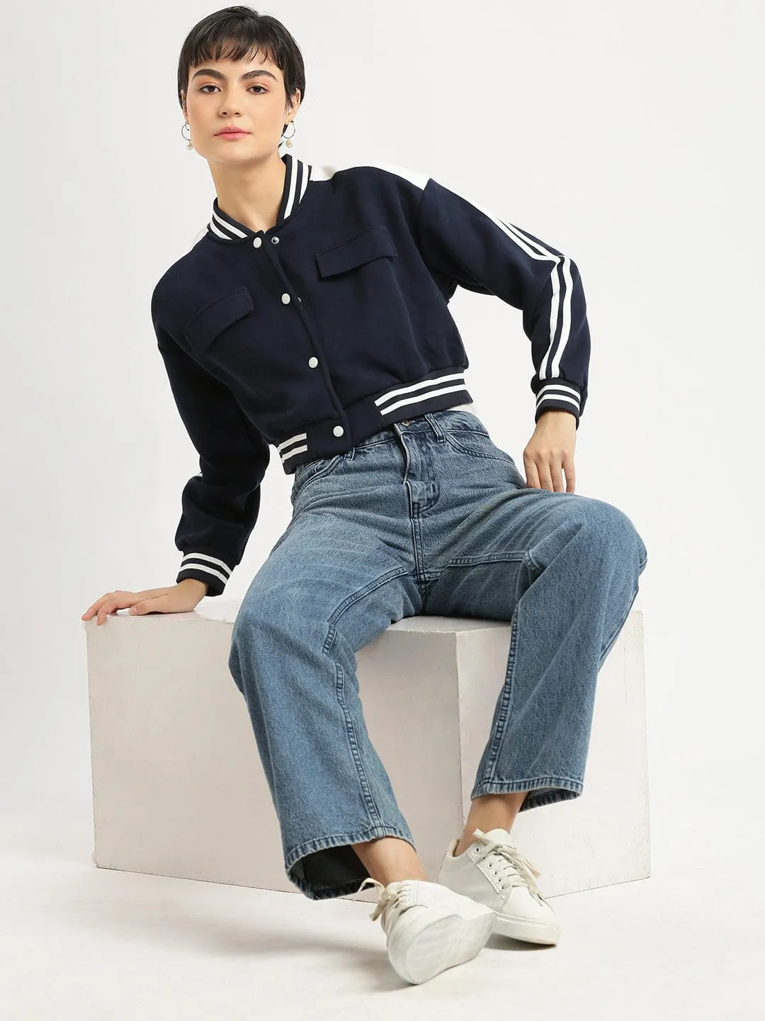 Women Navy Blue Striped Windcheater Crop Quilted Jacket