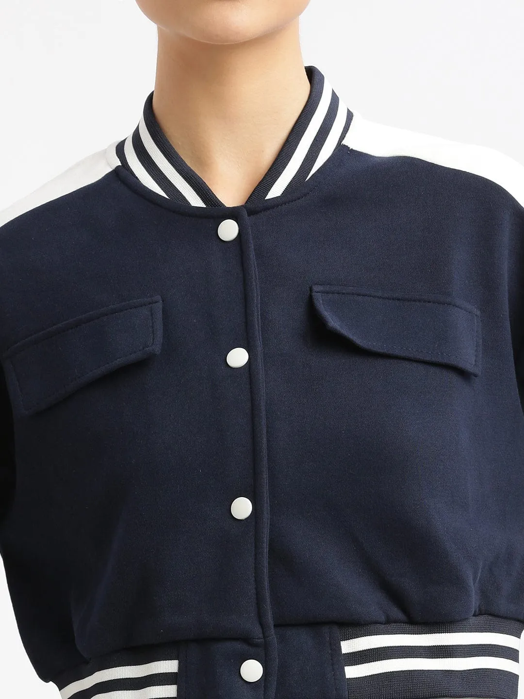 Women Navy Blue Striped Windcheater Crop Quilted Jacket