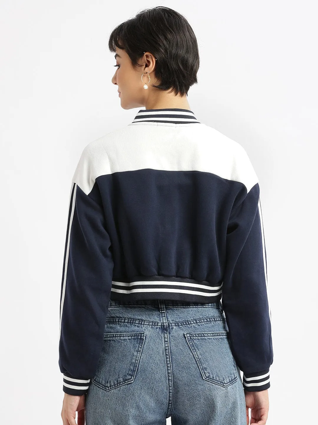 Women Navy Blue Striped Windcheater Crop Quilted Jacket