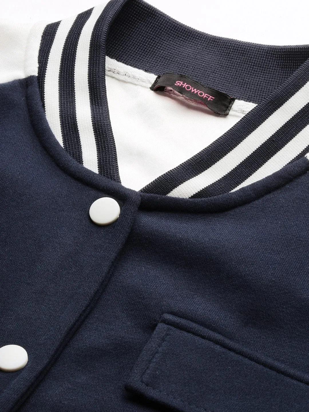 Women Navy Blue Striped Windcheater Crop Quilted Jacket