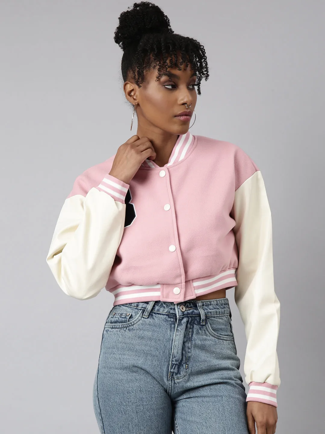 Women Pink Colour blocked Drop Shoulder Oversized Crop Varsity Jacket