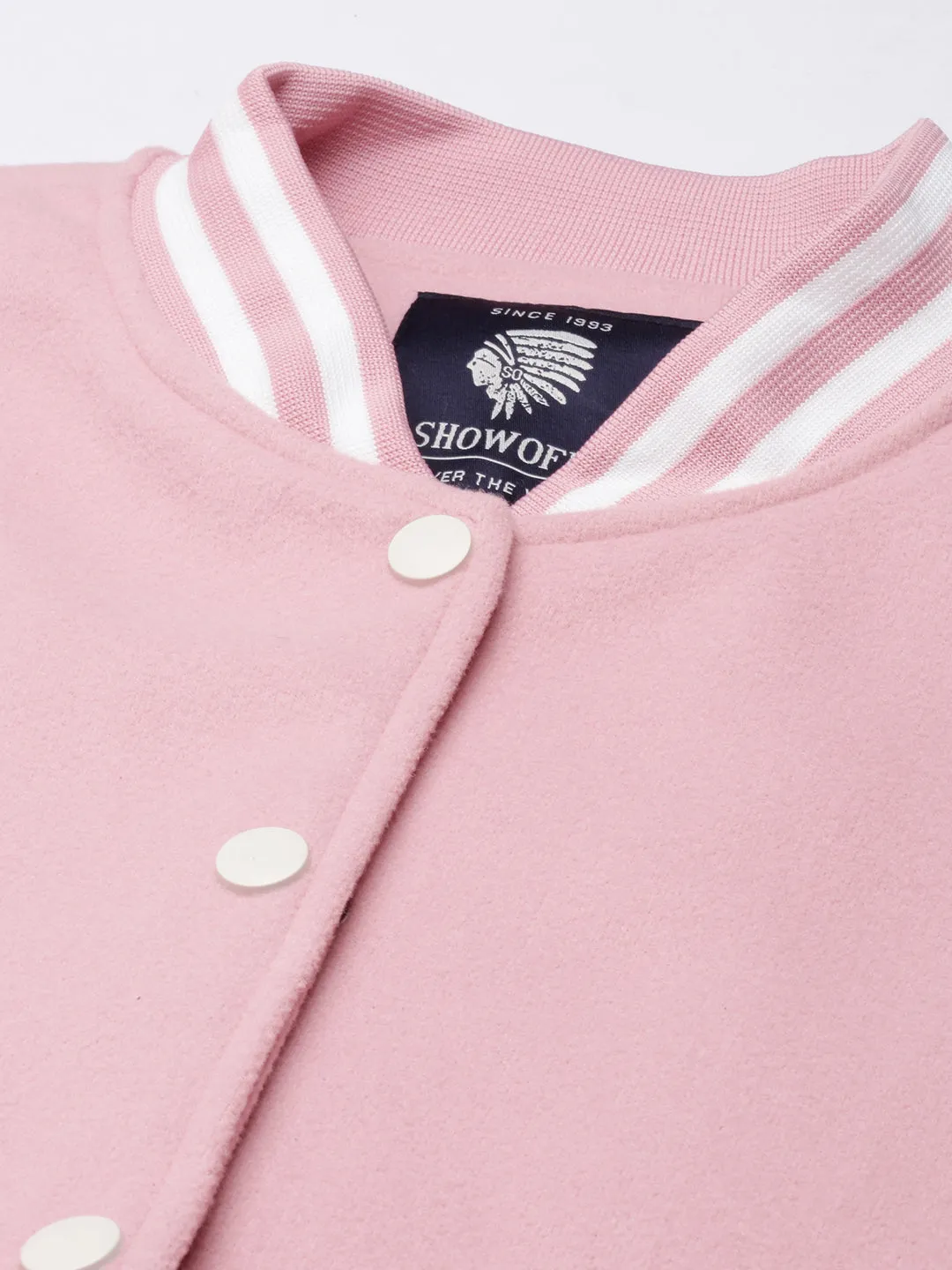 Women Pink Colour blocked Drop Shoulder Oversized Crop Varsity Jacket